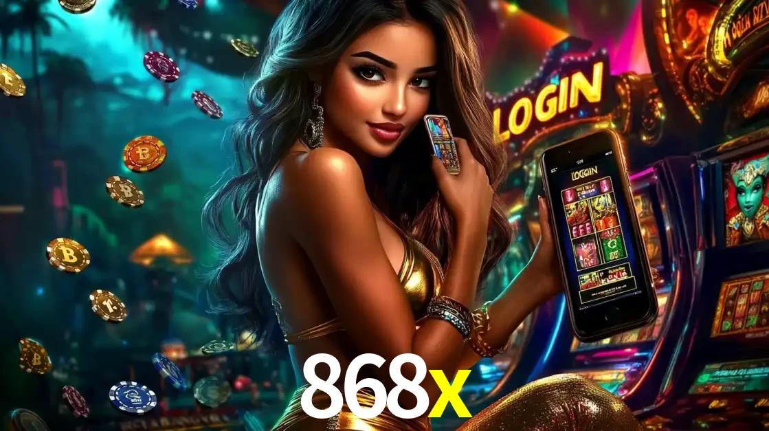 Mulher em um cenário de cassino temático de aventura, mostrando o app de caça-níqueis da 868x no celular. Fichas de apostas flutuam ao redor.